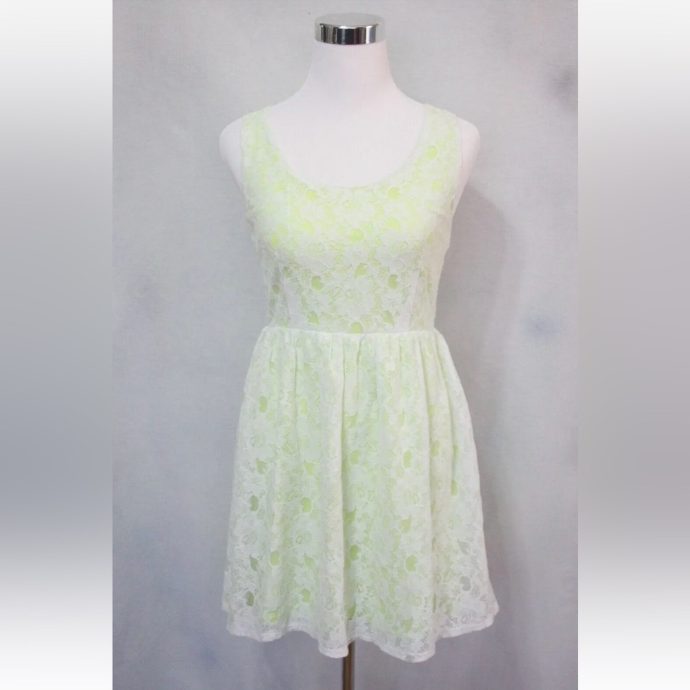 American Eagle Neon Yellow Green Floral Lace Overlay Dress sundress